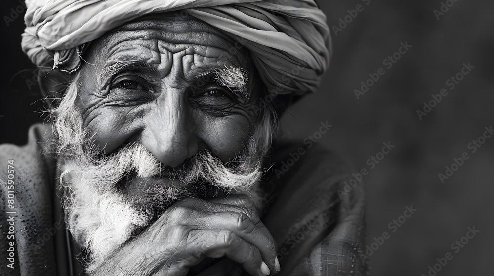 Classic monochrome portrait of an old man smiling.