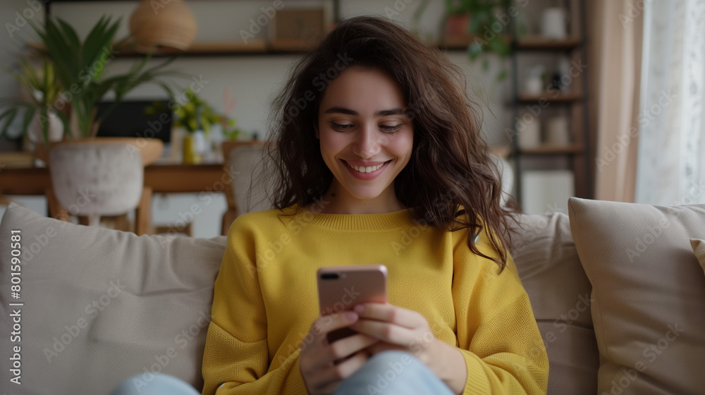 Smiling relaxed young woman sitting on couch using cell phone technology, happy lady holding smartphone, scrolling, looking at cellphone enjoying doing online ecommerce shopping in mobile apps. Smiling relaxed young woman sitting on couch using cell phone technology, happy lady holding smartphone, scrolling, looking at cellphone enjoying doing online ecommerce shopping in mobile apps.