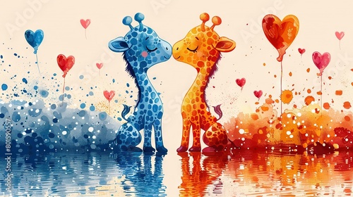  A pair of giraffes standing near a body of water with heart-shaped balloons