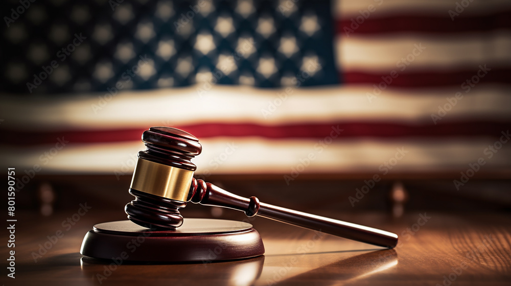 The photo shows a gavel resting on a wooden table with an American flag in the background. The gavel is made of wood. The photo shows a gavel resting on a wooden table with an American flag in the background. The gavel is made of wood.