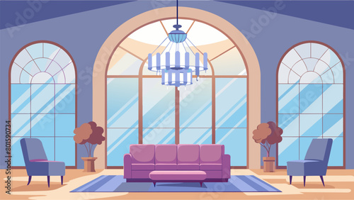 High ceilings and large windows create an airy and spacious atmosphere while a grandiose chandelier and plush seating add a touch of refinement..