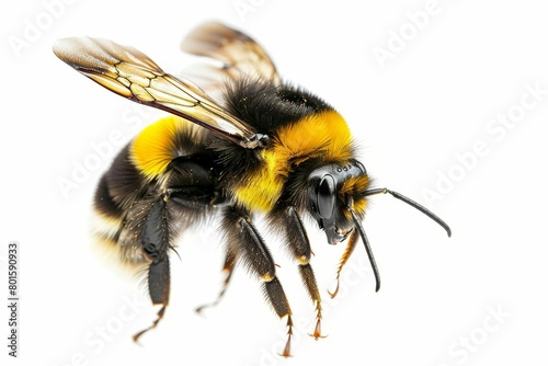 macro closeup of flying bumblebee isolated on white background insect photography