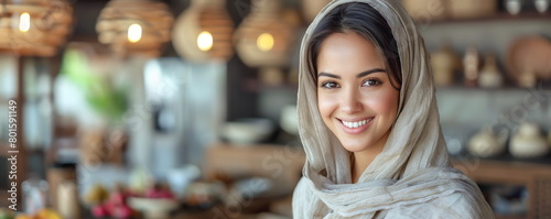 Smiling woman in hijab stands against restaurant setting. Brunette lady immigrant radiant smile mirrors welcoming atmosphere of eatery. photo