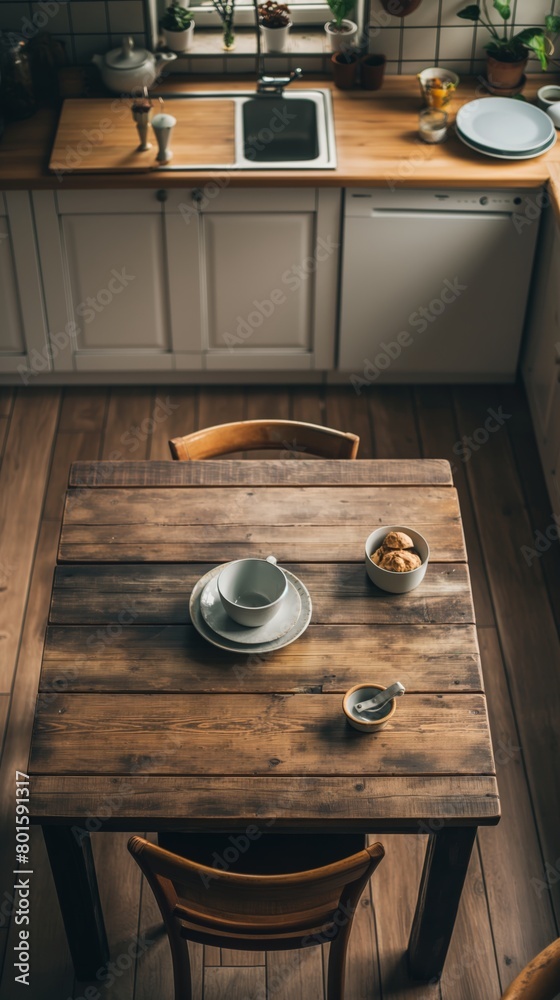A rustic wooden dining table set for a simple meal A rustic wooden dining table set for a simple meal