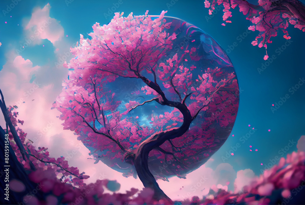 Pink Cherry Blossom tree on the earth with blue sky background. Generative AI