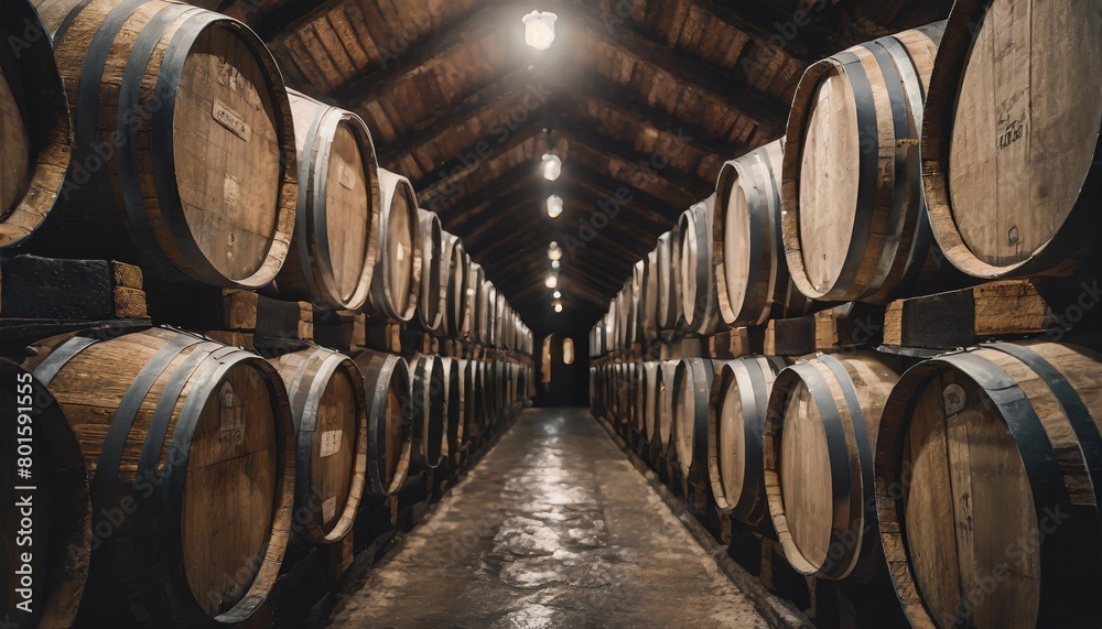 oak wine barrels in old dark wine cellar stacks of cognac brandy beer whiskey barrels are made in a warehouse an underground cellar for the wine aging process perfect for deliciously aging wine