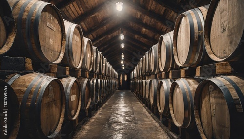 oak wine barrels in old dark wine cellar stacks of cognac brandy beer whiskey barrels are made in a warehouse an underground cellar for the wine aging process perfect for deliciously aging wine photo
