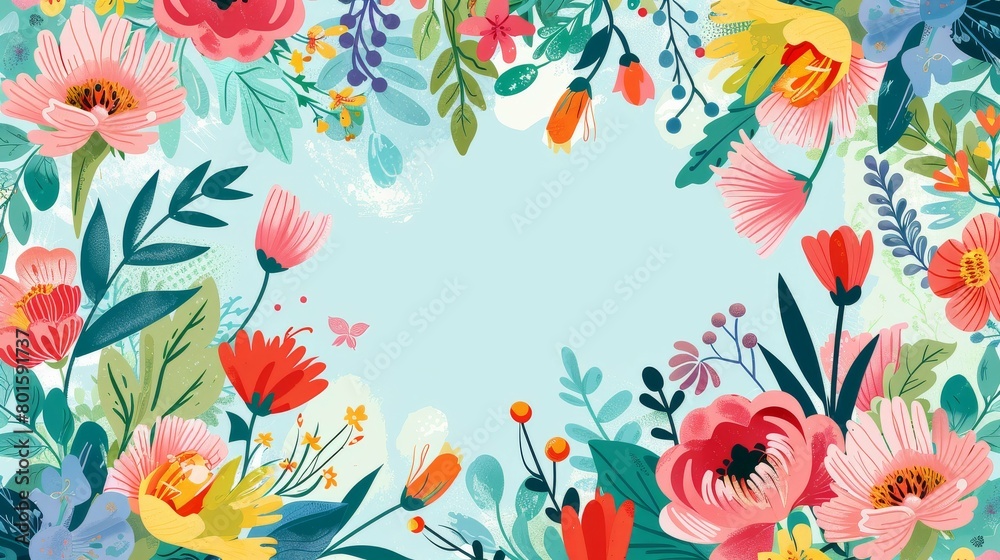 Obraz premium A vibrant and colorful floral border with a serene blue background