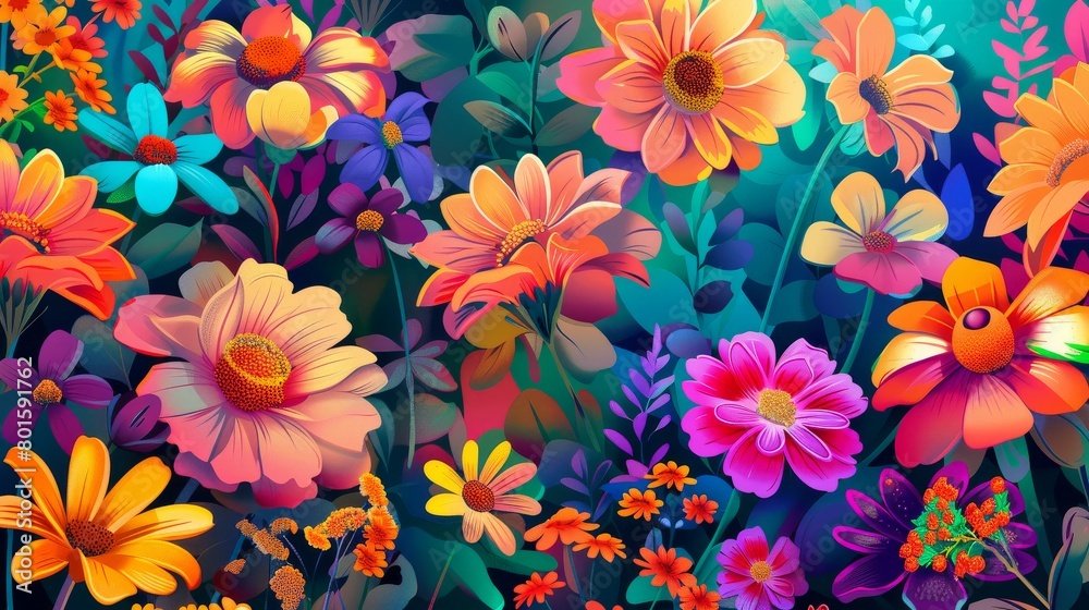 A vibrant bouquet of illustrated flowers in a colorful digital garden