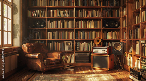 Discover a vinyl-clad study, shelves meticulously organized with LPs spanning genres, a worn leather armchair inviting deep listening sessions.