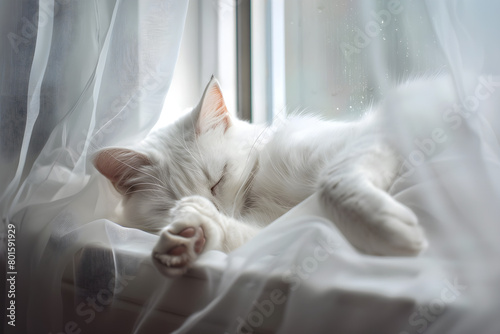 white cat resting in a window photo