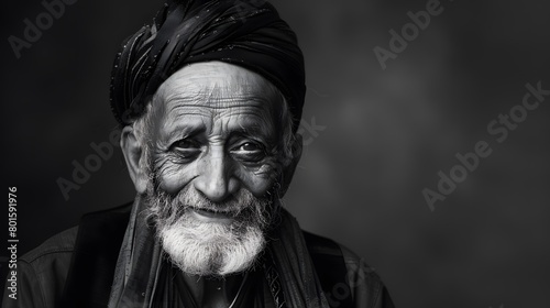 Classic monochrome portrait of an old man smiling.