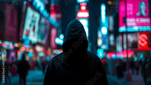 Hooded man stands on night street. Night city lights