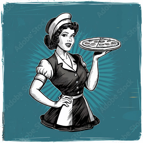 Drawing of a retro waitress with pizza