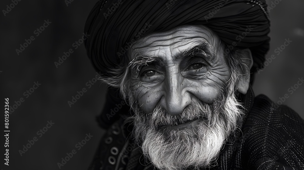Classic monochrome portrait of an old man smiling.