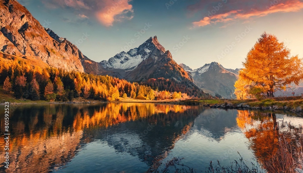 wonderful autumn landscape during sunset fairy tale moutain lake with picturesque sky majestic rocky mount and colorful trees at sunlight amazing nature scenery champfer lake switzerland alps