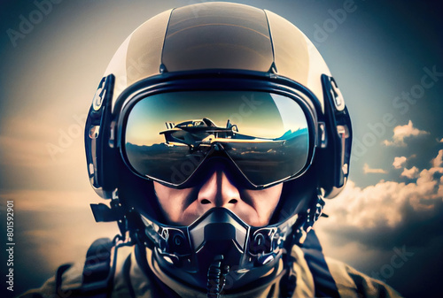 Head shot of fighter pilot flying on the high sky in the airspace for national defense or world war. Portrait of soldier. Generative AI