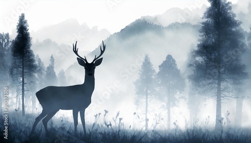 horizontal banner silhouette of deer doe fawn standing on meadow in forrest silhouette of animal trees grass magical misty landscape fog mountains gray illustration bookmark