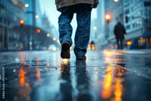 Solitary figure walking in rain-soaked city streets, reflecting lights on wet pavement. Dusk. Road.  © Spencer