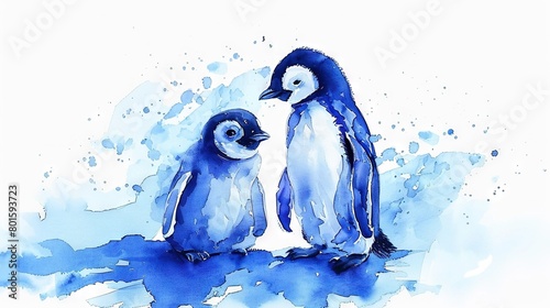   Two penguins standing side by side on a blue-white watercolored background photo