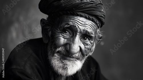 Classic monochrome portrait of an old man smiling.