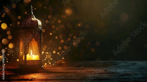 Ramadan Kareem greeting card with glowing Arabic lantern and candle at night with copy space