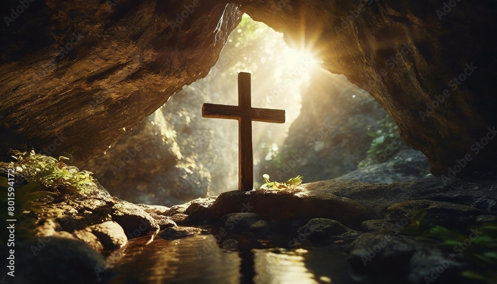 wooden cross in sunlight in dark cave crucifixion and resurrection cross symbol for jesus christ is risen religion and easter concept