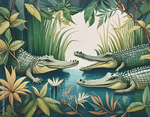 Frame of Crocodiles n Water and Reeds Illustration AI