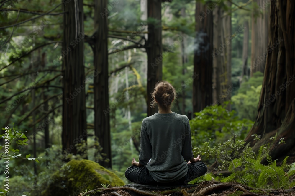 Individual meditating in foggy redwoods Individual meditating in foggy redwoods