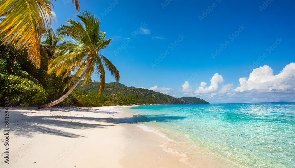travel beach concept pristine white sand meets a tranquil sea bay under a sunlit blue sky featuring exotic paradise vibes from the mediterranean to the tropics with green palm trees generative ai