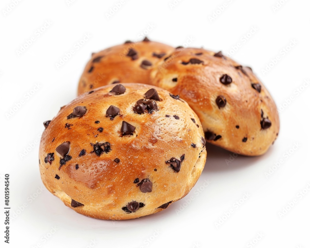 Freshly baked chocolate chip brioche buns, golden brown and fluffy, perfect for a sweet treat.