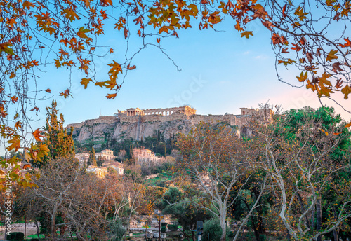 The Ancient Agora with the neighborhood of Plaka and the Acropolis Hill in the background. In Athens, Greece.