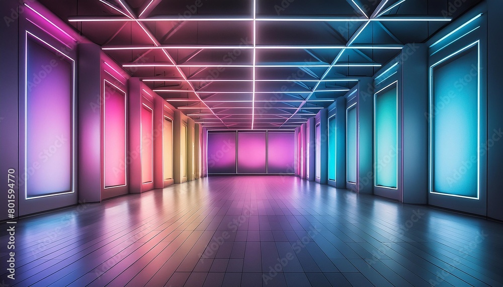 modern exhibition hall with colorful geometric displays