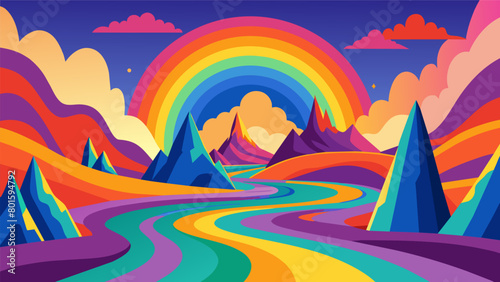 An abstract abstract landscape with towering psychedelic mountains and valleys carved out of swirling rainbows..