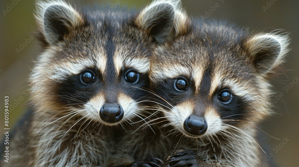   A pair of raccoons perched on tall grass amidst a sprawling green meadow, with dense forestry looming behind them
