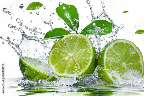 sliced lime with leaves splashing in water isolated on white background fresh fruit concept high speed photography