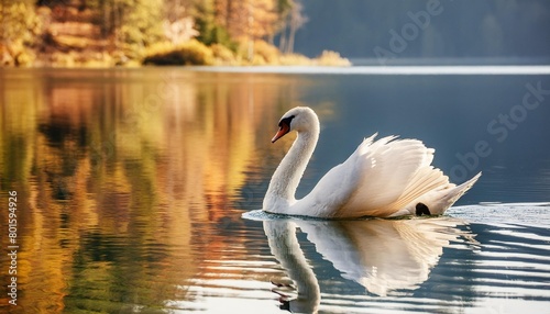 graceful swan gliding along serene lake waters surrounded by nature s beauty