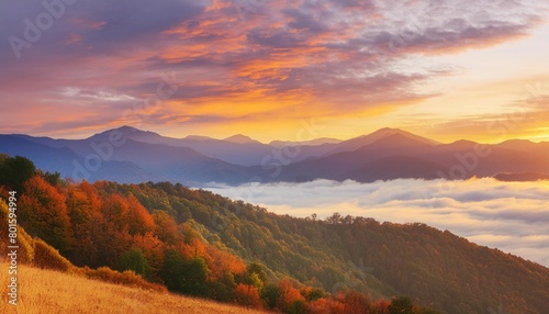 autumn sunrise cloudy sky over mountains abstract colorful peaceful sky background #801594994