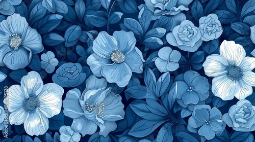 A serene blue floral pattern with a variety of blossoms