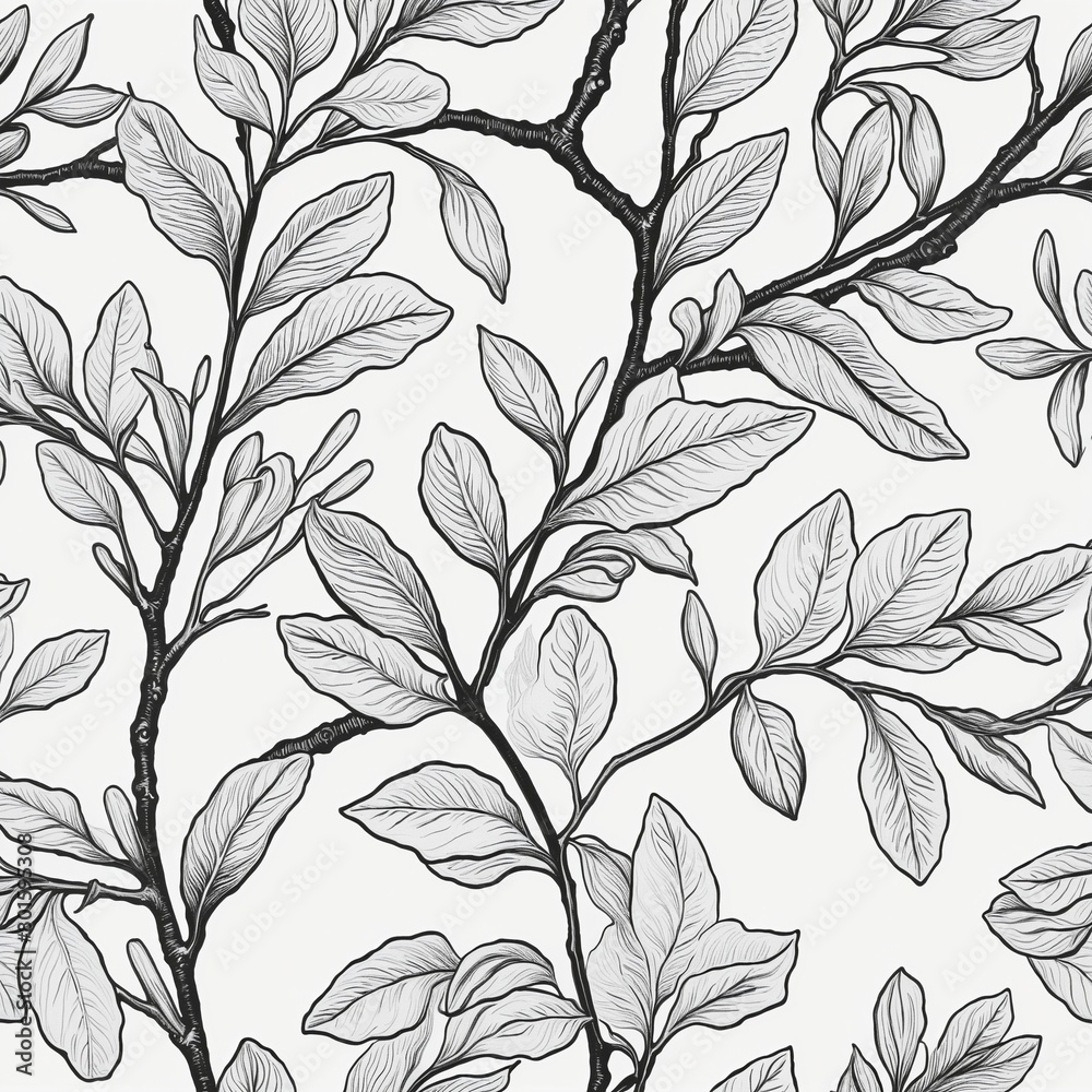 Finely crafted botanical illustration with intricate black and white floral motifs