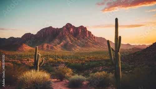 arizona desert view with superstitious mountains and saguaro cactus at sunset phoenix usa photo