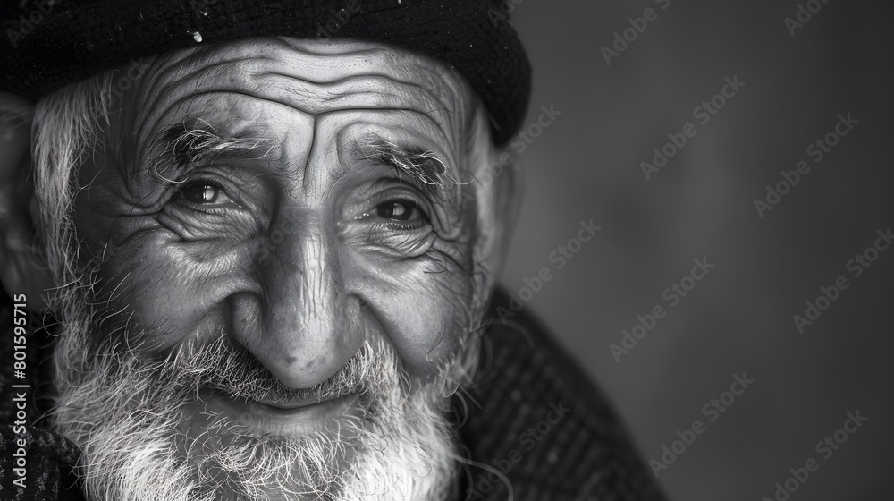 Classic monochrome portrait of an old man smiling.