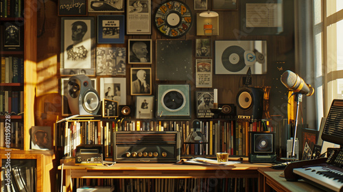 Enter a record-themed home office, where LPs double as wall art and a single vintage microphone awaits impromptu karaoke sessions. photo