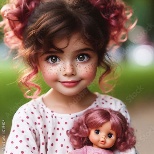 Young girl with freckles and red curls and doll