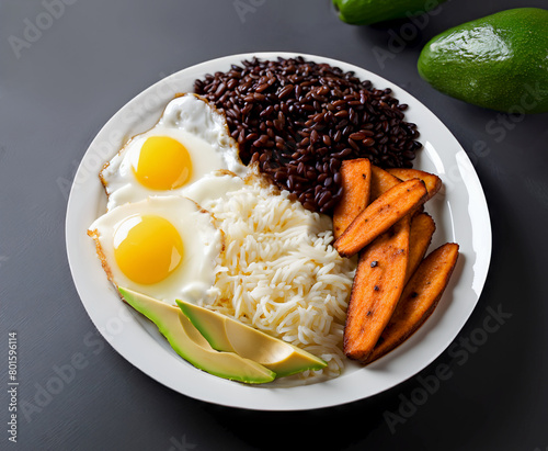 White rice with cuban style black beans and fried plantains