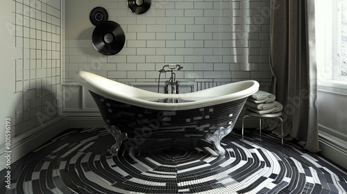 Enter a vinyl-themed bathroom, mosaic tiles forming waveforms, and a single clawfoot tub where vinyl enthusiasts soak and hum along.