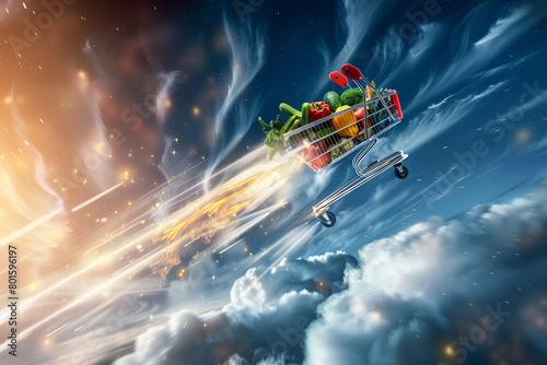Shopping Cart Filled With Vegetables Flying Through the Air photo