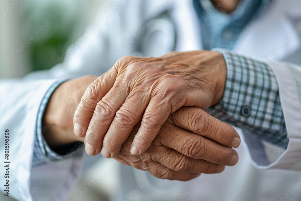 Fototapeta premium Elderly Persons Weathered Hands Gently Resting, Symbolizing Life Experience and Aging Gracefully