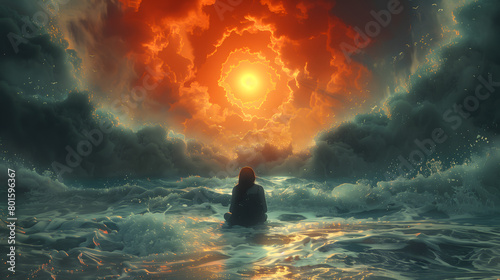 Niña con poderes en el medio del mar muerto con un sol rojo photo