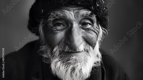 Classic monochrome portrait of an old man smiling.